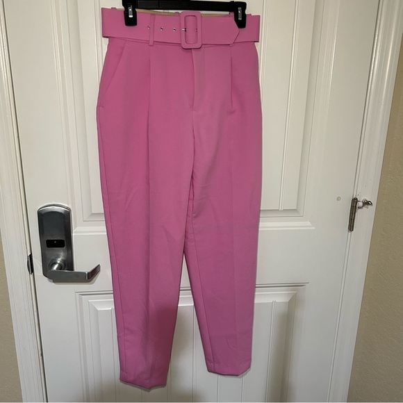 Zara Soft Pink High Waist Ankle Front Pleated Belted Trouser Pants Size Small - Picture 2 of 12